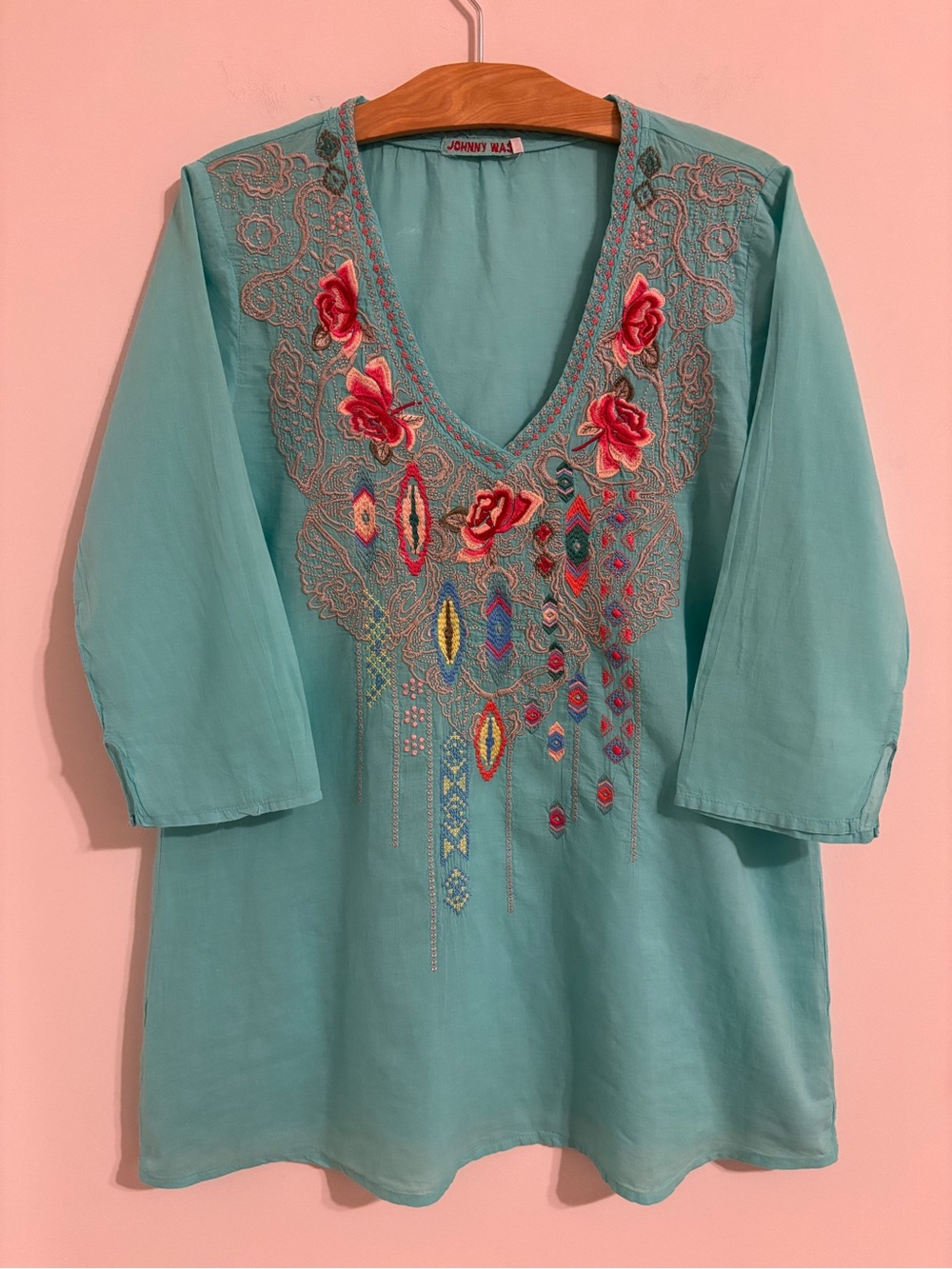 Johnny Was Aqua Blue Cotton Embroidered Tunic